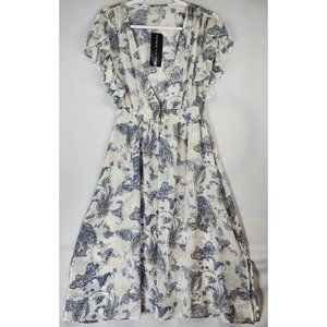 Paper Crane Dress Womens Small Blue White Open Front Midi Ruffled Cap Sleeve